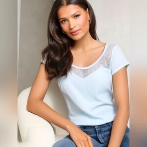 Color Story Short Sleeve White Top With Lace Insets